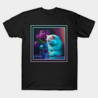 Curious Persian Cat Vibrant Tropical Flower Digital Oil Painting Portrait T-Shirt